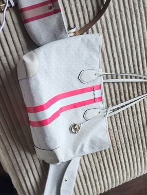 Michael Kors White Tote with Pink Racing Stripes, Fanny Pack, And Wallet